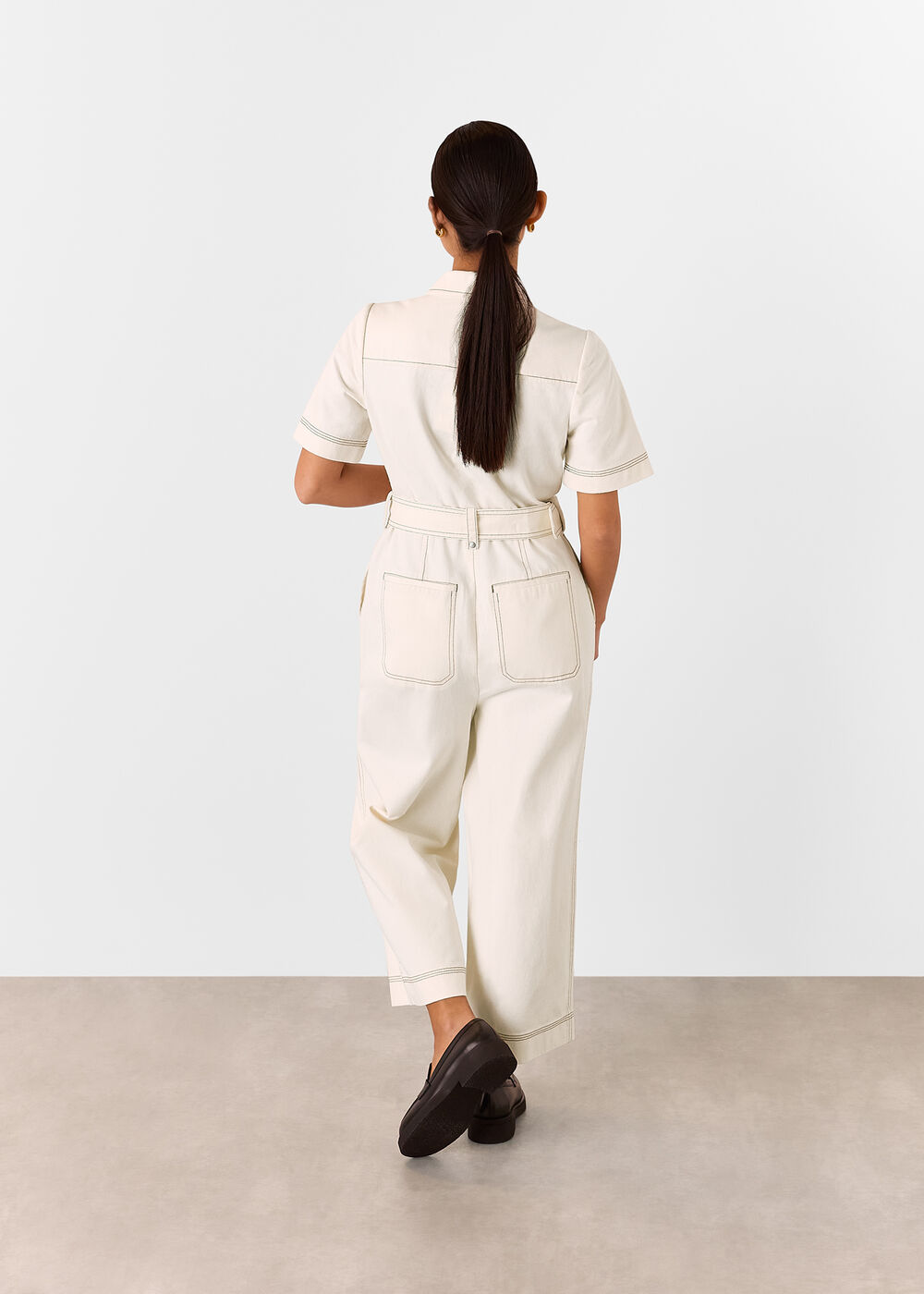 Petite Denim Pintuck Belted Jumpsuit