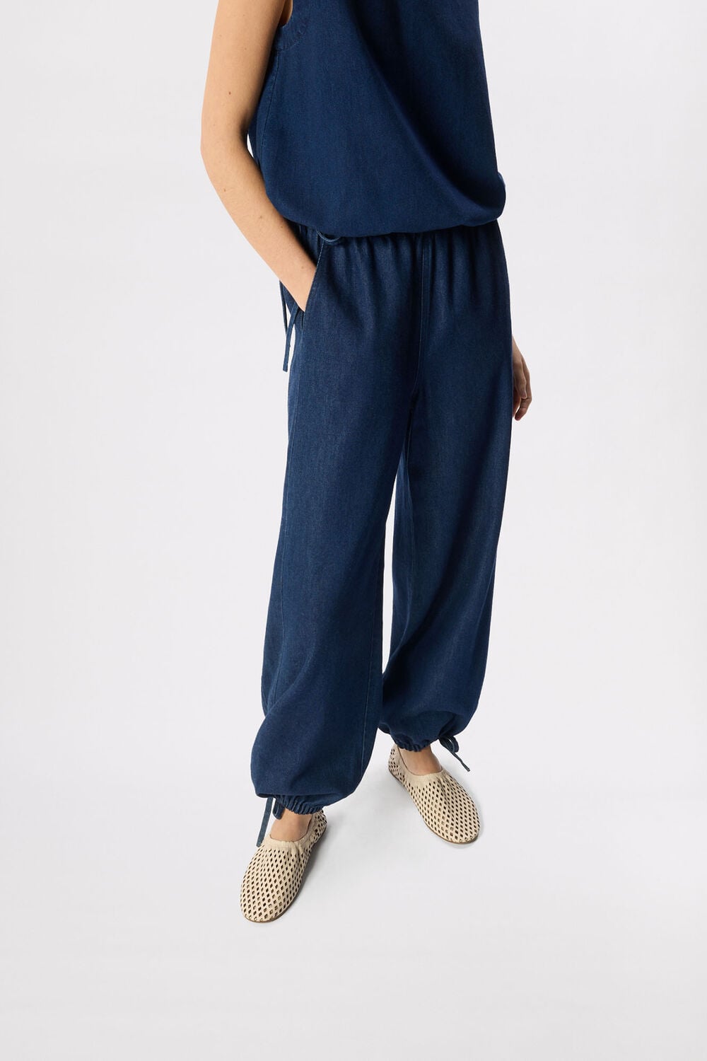 Dark Denim Tie Hem Balloon Trouser