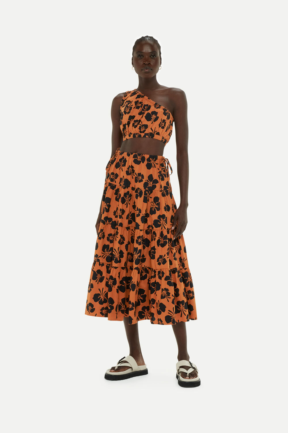 Brown Tropical Floral Tiered Skirt