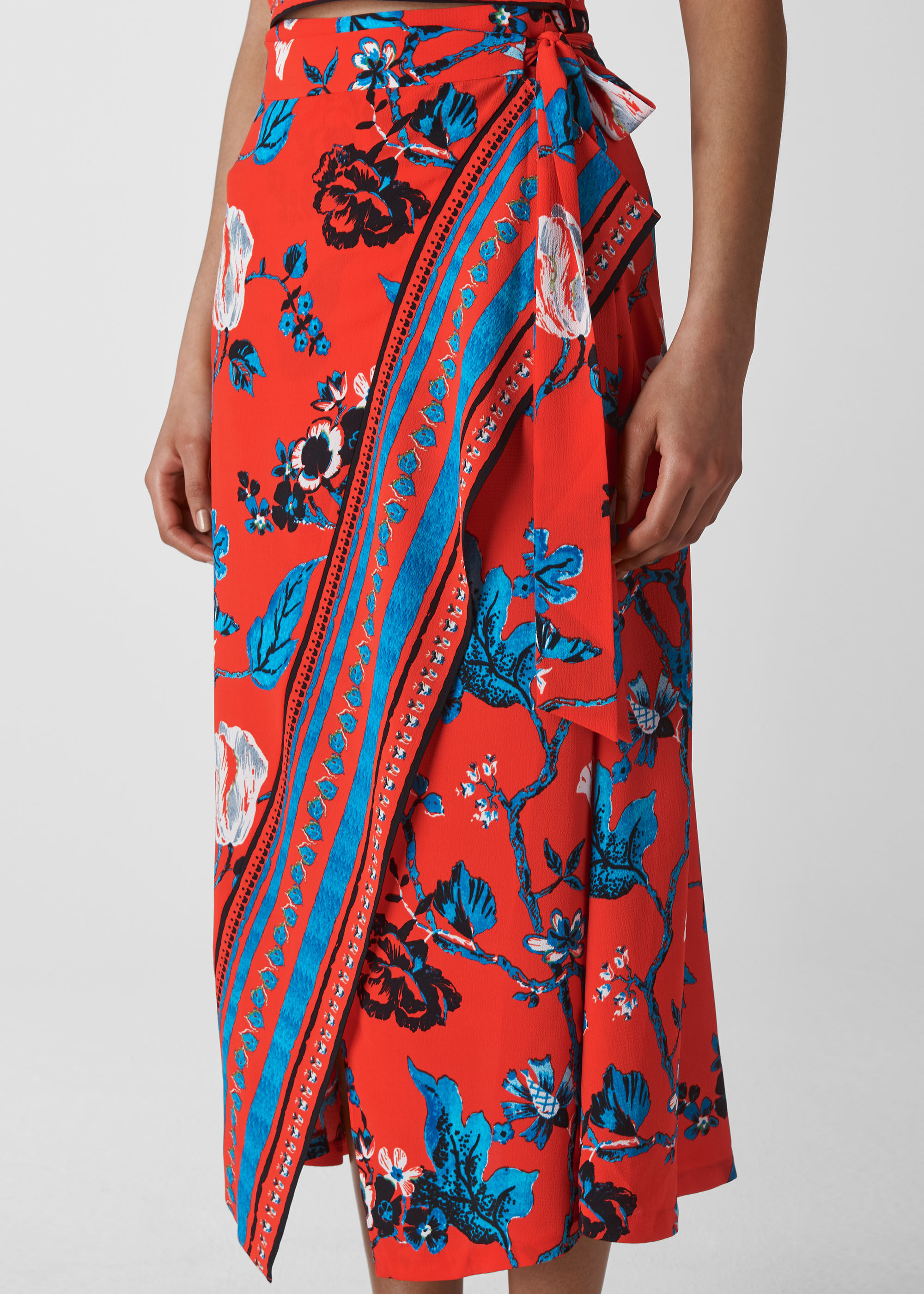 Red/Multi Scarf Print Border Wrap Skirt | WHISTLES |