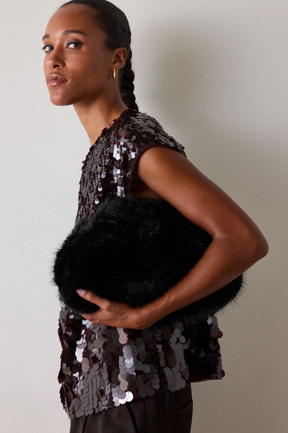 Black Faux Fur Frame Clutch Bag