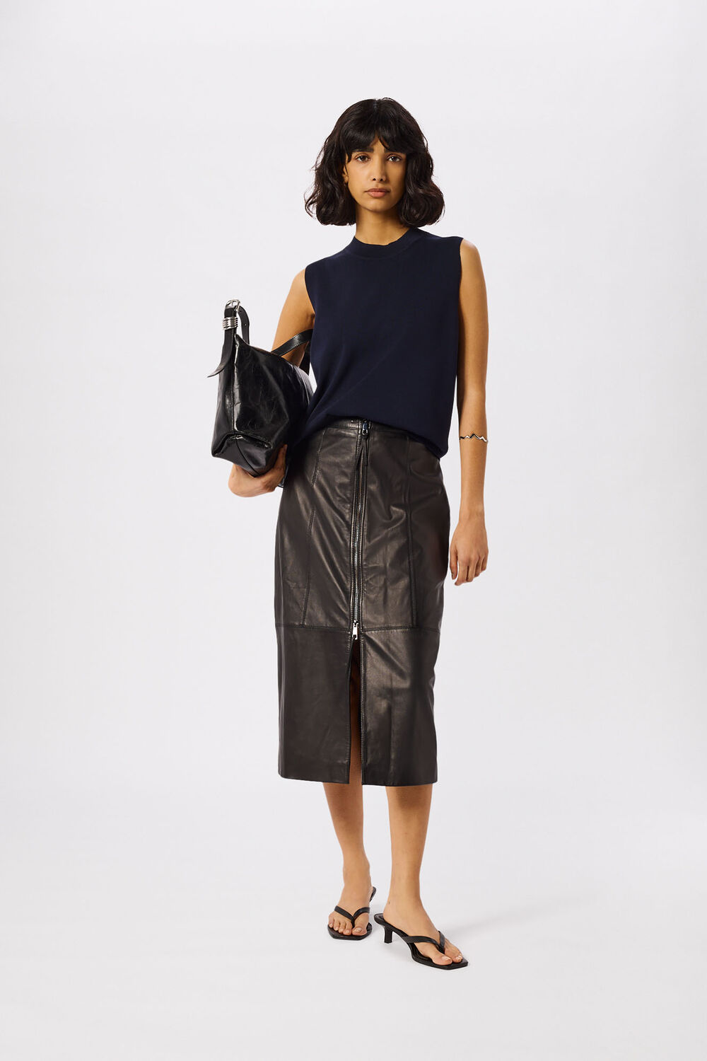 Black Zip Front Leather Pencil Skirt