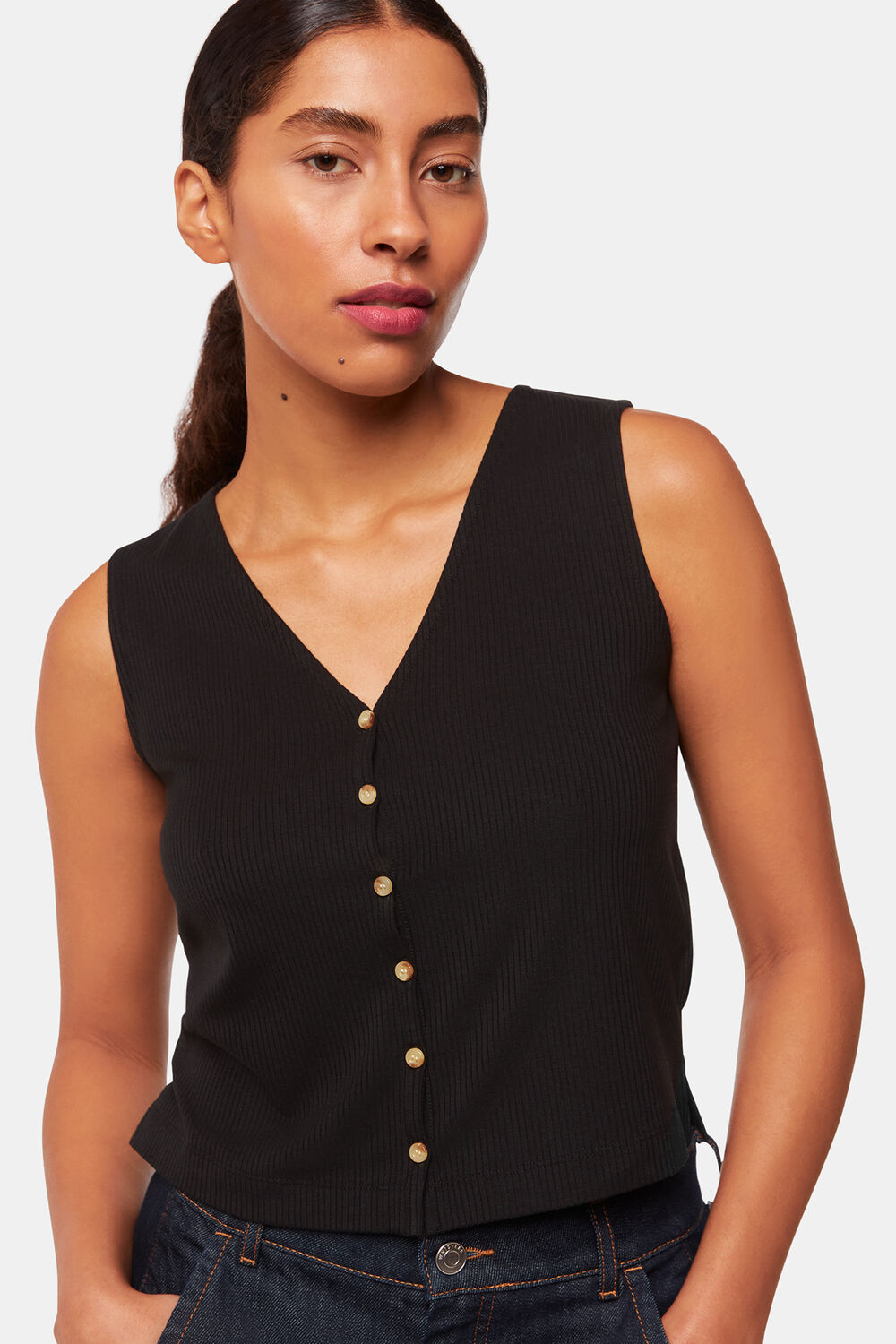Black Button Front Rib Tank