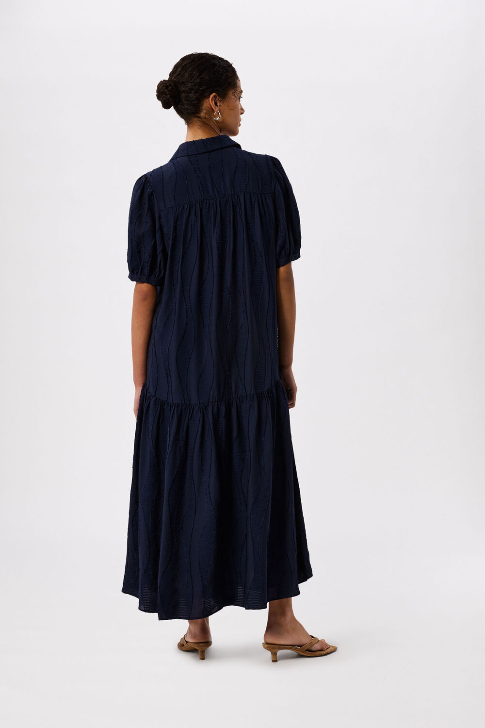 Navy Textured Drop Waist Midi Dress