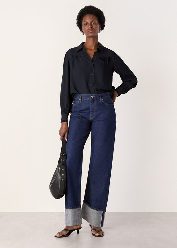 Navy Tie Detail Crepe Blouse
