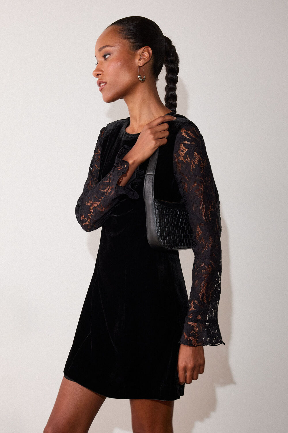Black Lace Sleeve Velvet Mini Dress