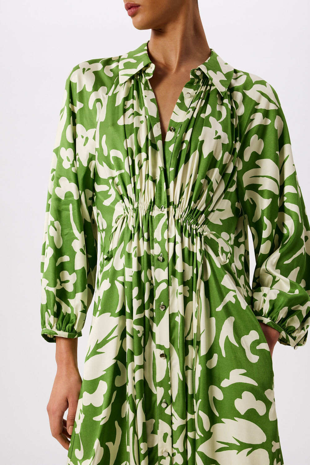 Green Floral Trapeze Shirt Dress