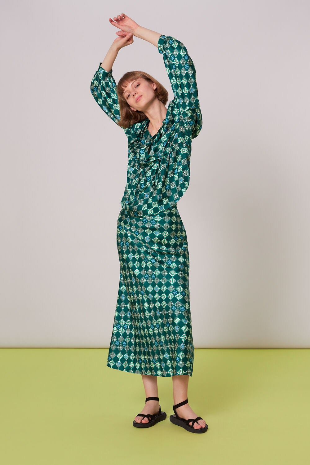 Green Silk Checkerboard Bias Skirt