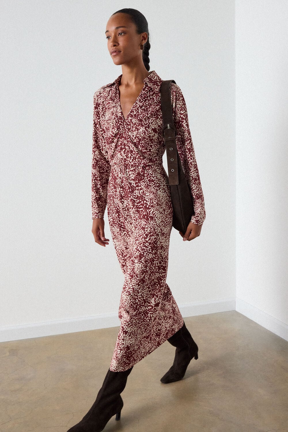 Burgundy Feathered Animal Shirt Dress