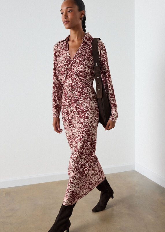 Burgundy Feathered Animal Shirt Dress