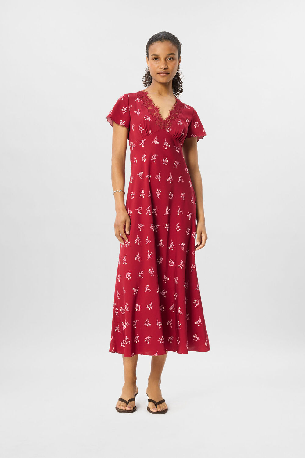 Burgundy Floral Lace Trim Midi Dress