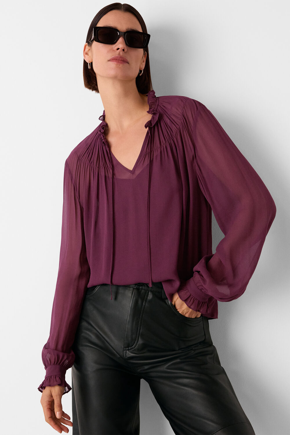 Plum Tie Neck Detail Sheer Blouse