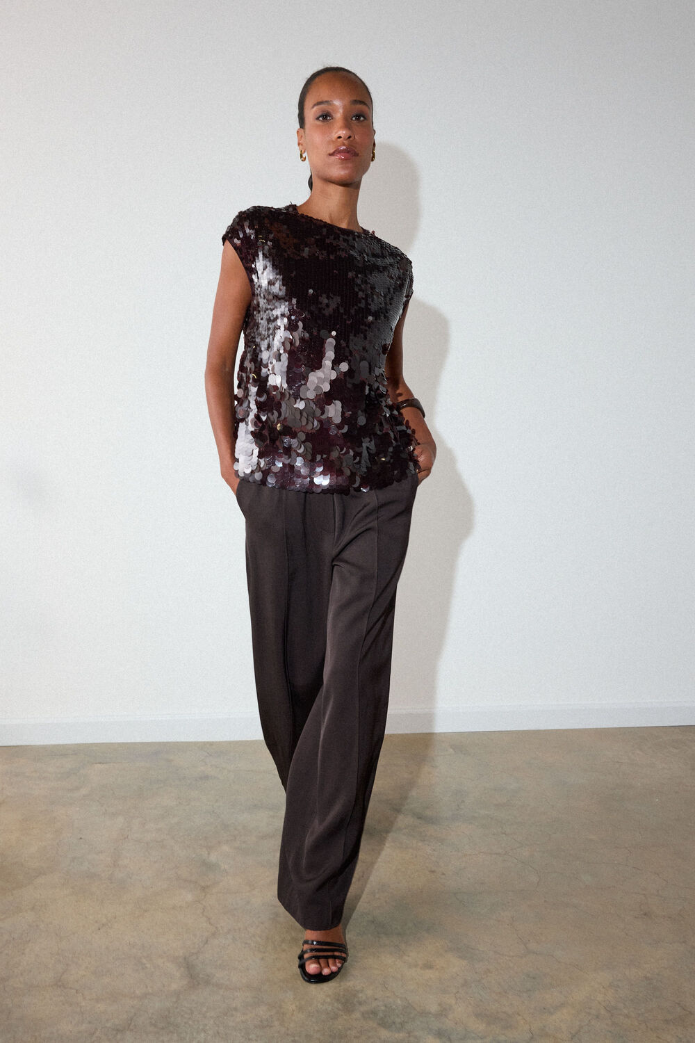 Chocolate Degrade Sequin Cap Sleeve Top