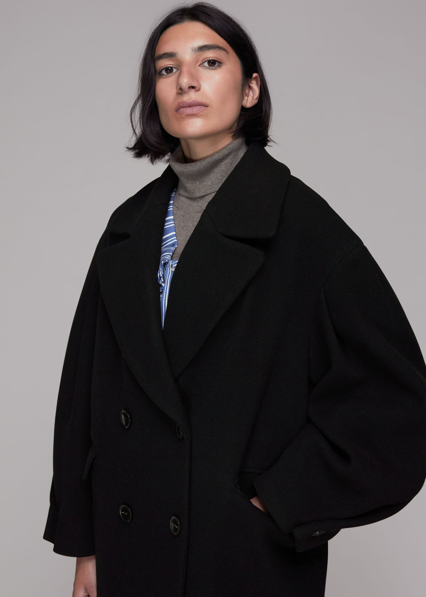 Black Indira Puff Sleeve Wool Coat | WHISTLES | Whistles UK