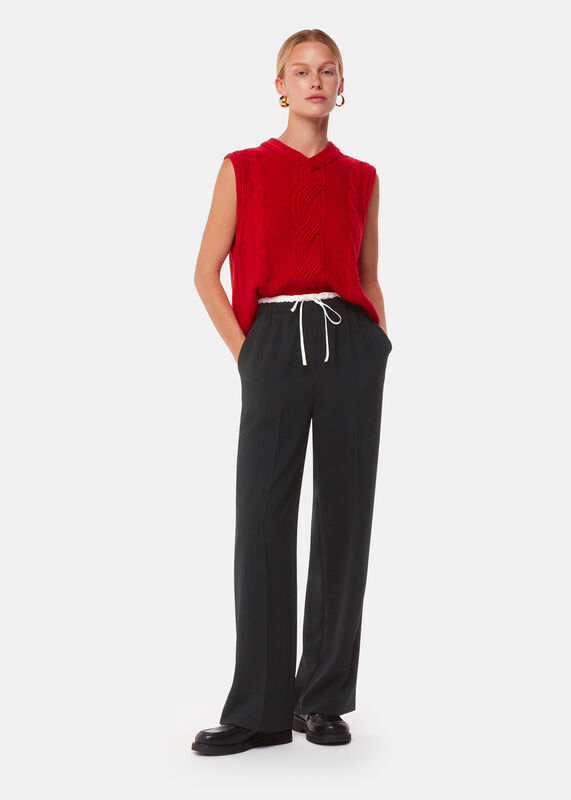 Black Crepe Waistband Detail Pants 