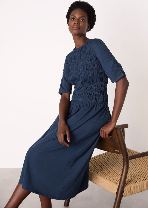 Navy Jersey Shirred Midi Dress
