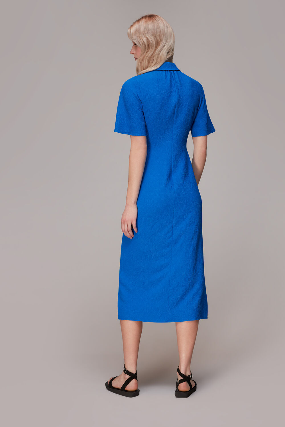 Blue Textured Gathered Detail Dress