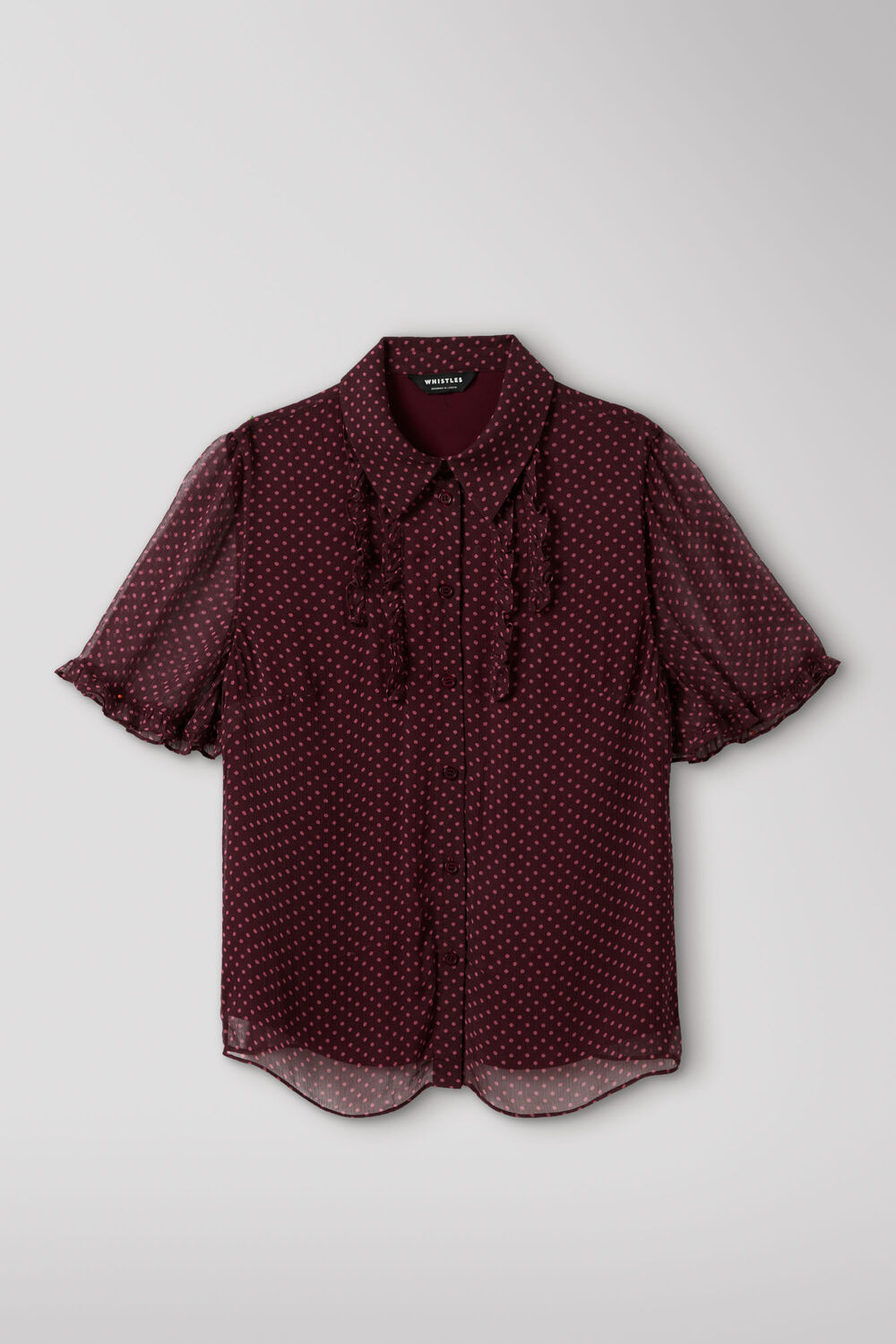 Burgundy Polka Dot Sheer Sleeve Shirt