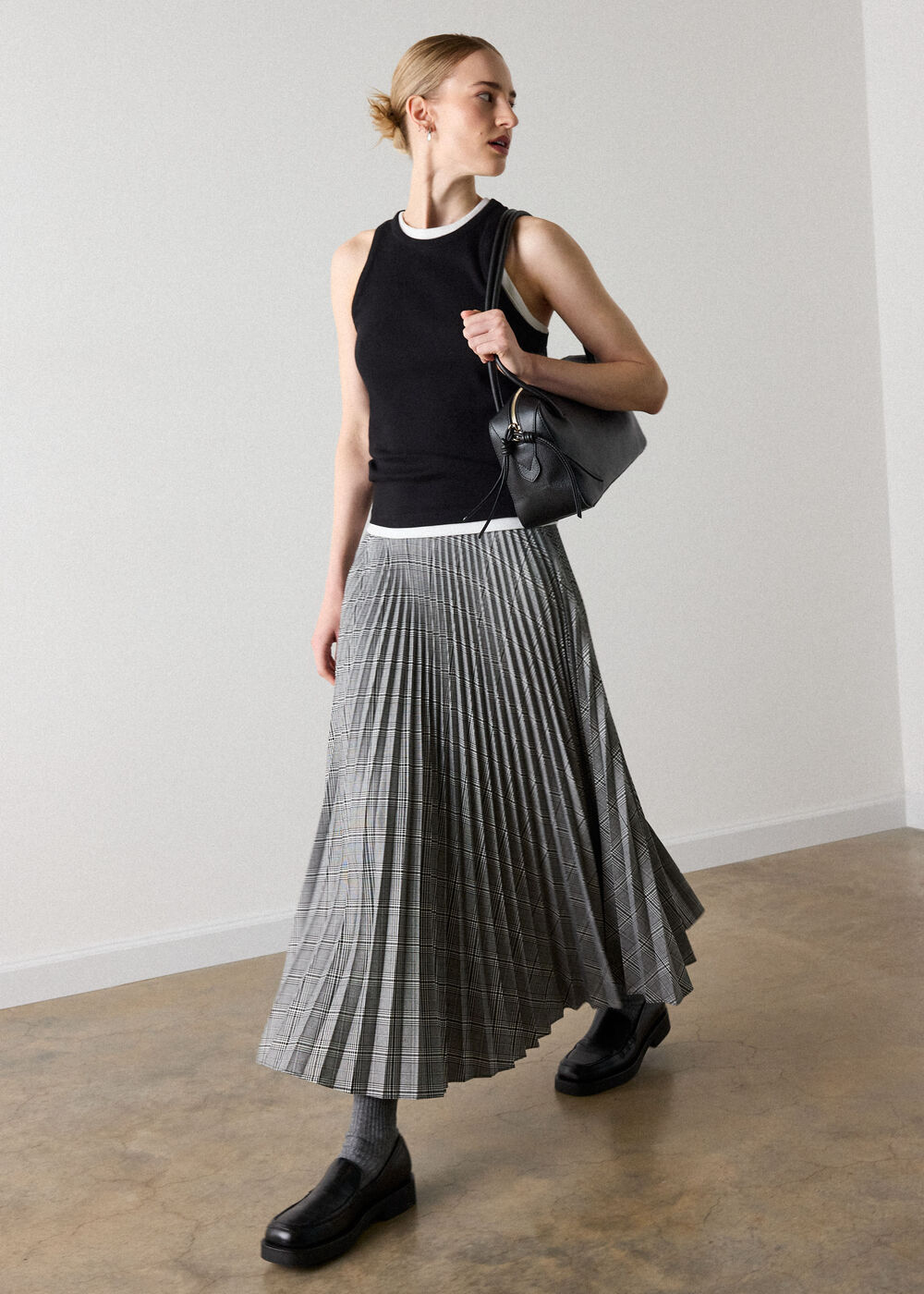 Grey Check Pleated Midi Skirt