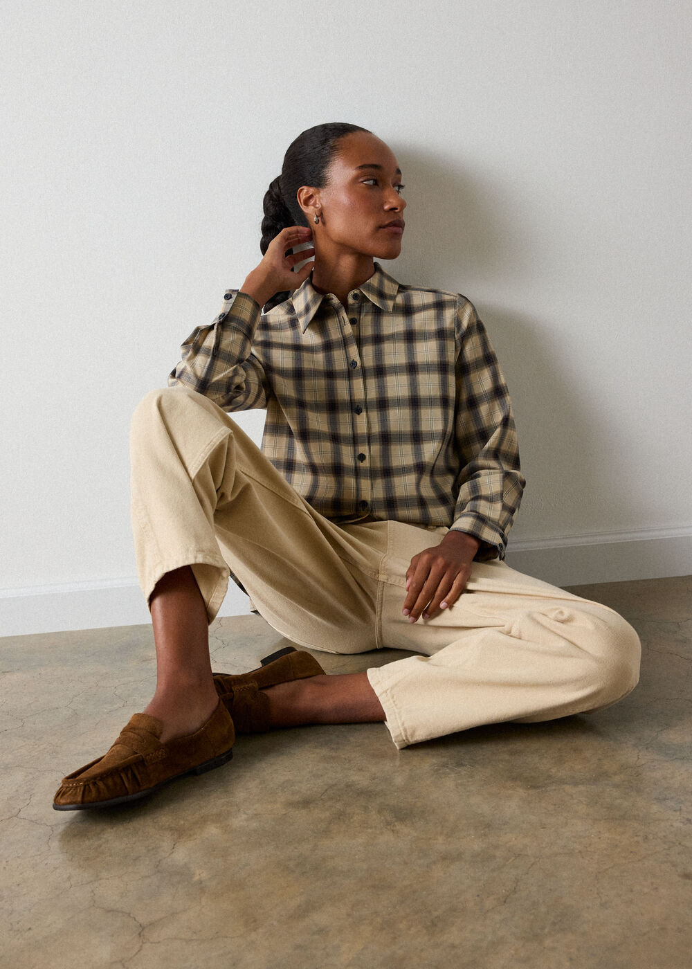 Brown Detachable Scarf Check Shirt