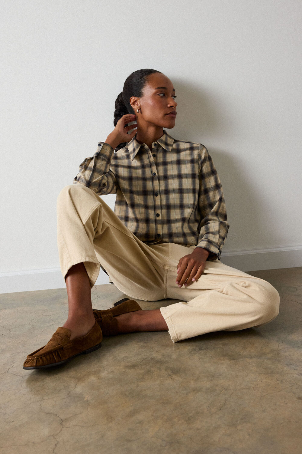 Brown Detachable Scarf Check Shirt