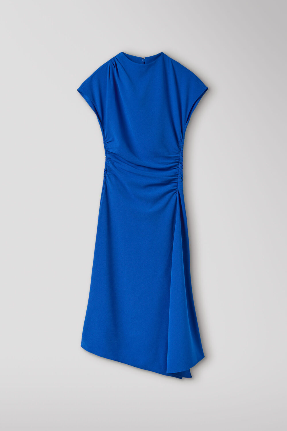 Blue Crepe Ruched Midi Dress