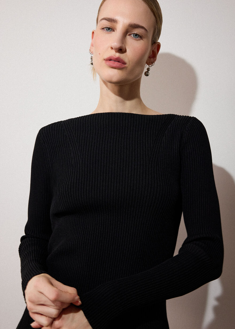 Black Rib Knit Slash Neck Top