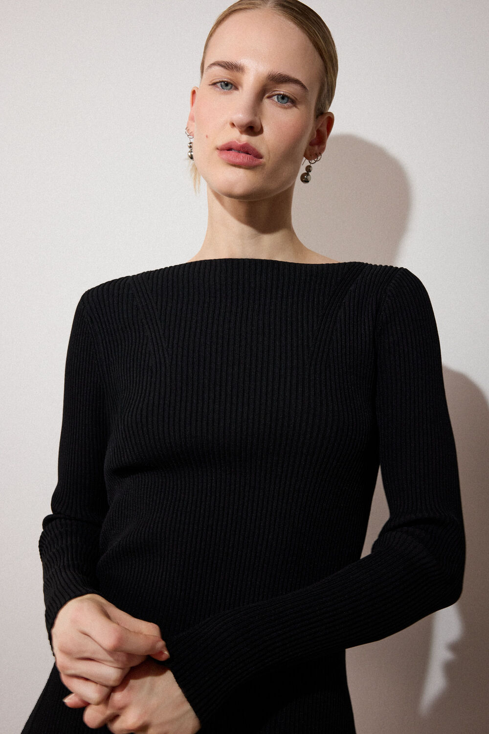 Black Rib Knit Slash Neck Top