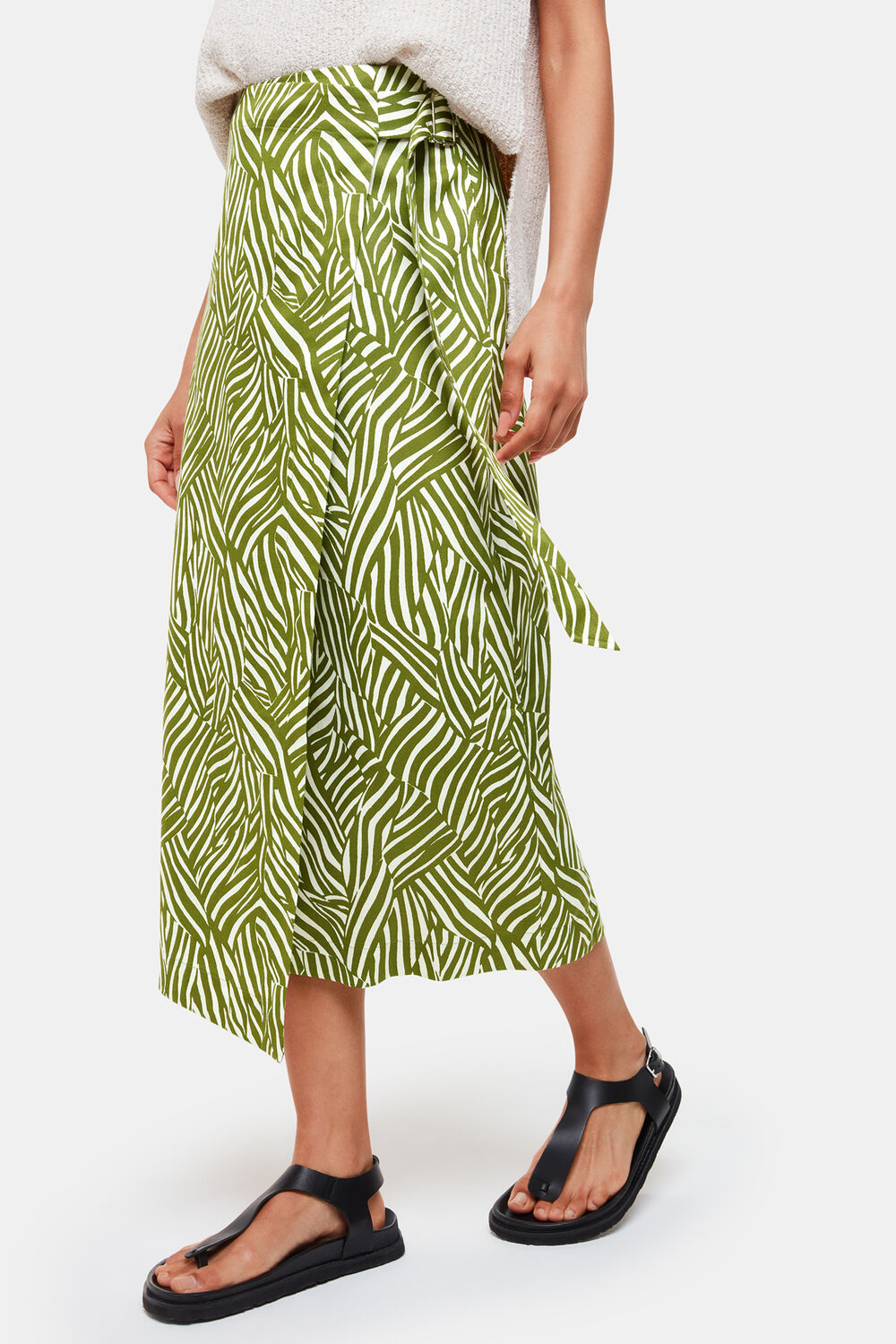 Green Linear Leaf Wrap Midi Skirt
