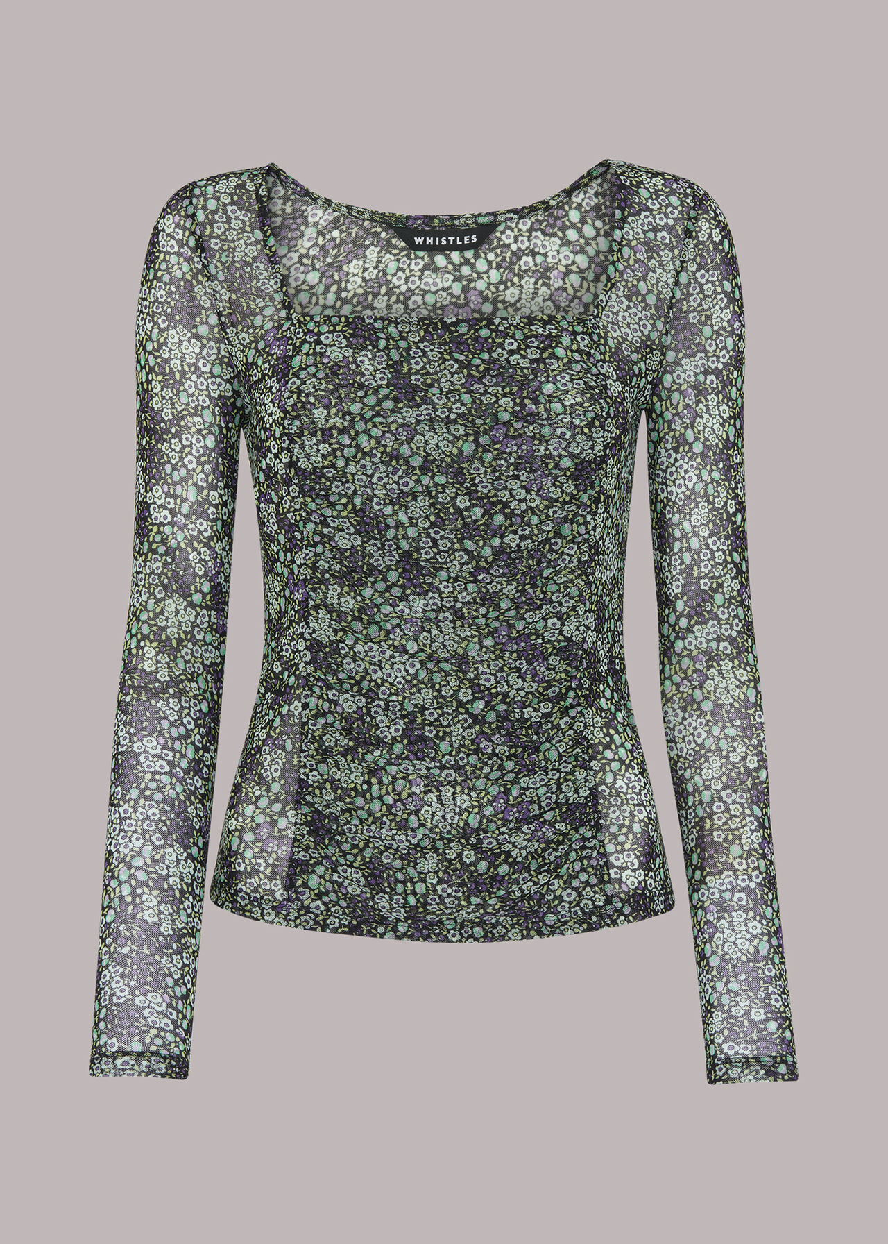 Green/Multi Mesh Square Neck Gathered Top | WHISTLES