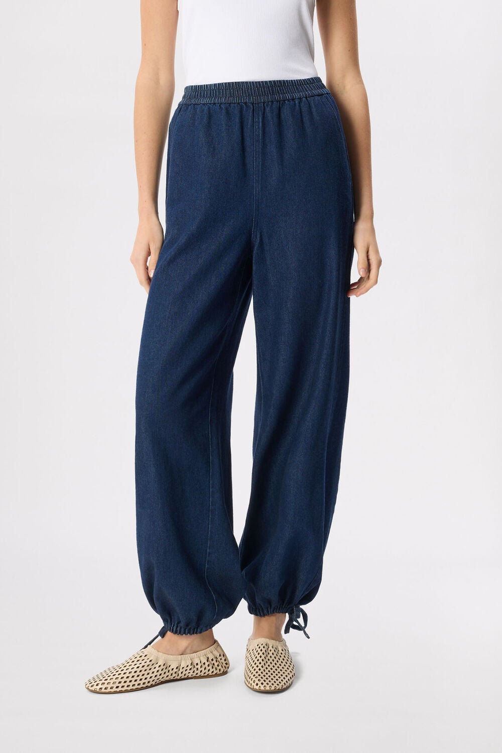 Dark Denim Tie Hem Balloon Trouser