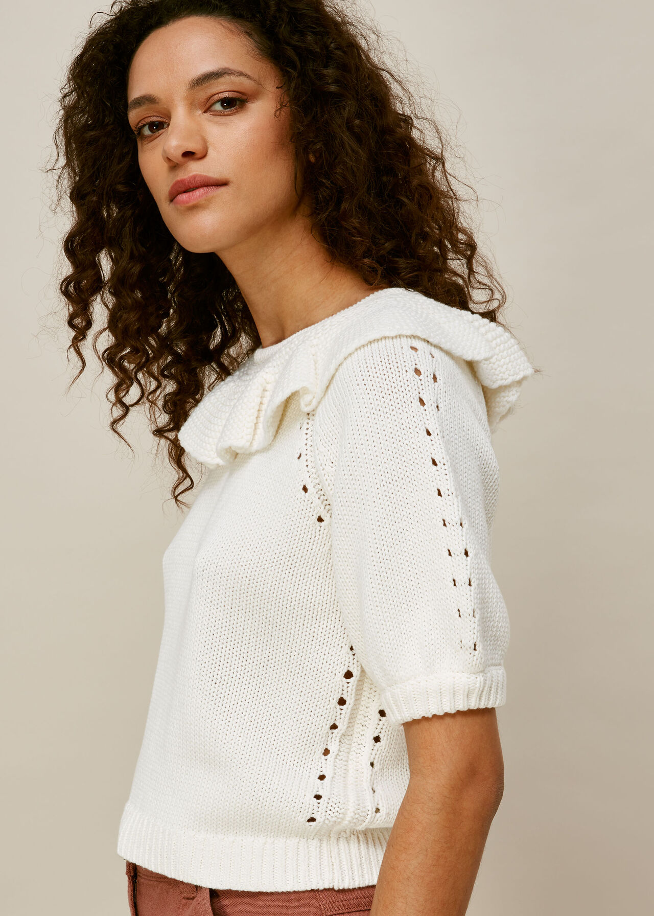 Frill Neck Knit Sweater White