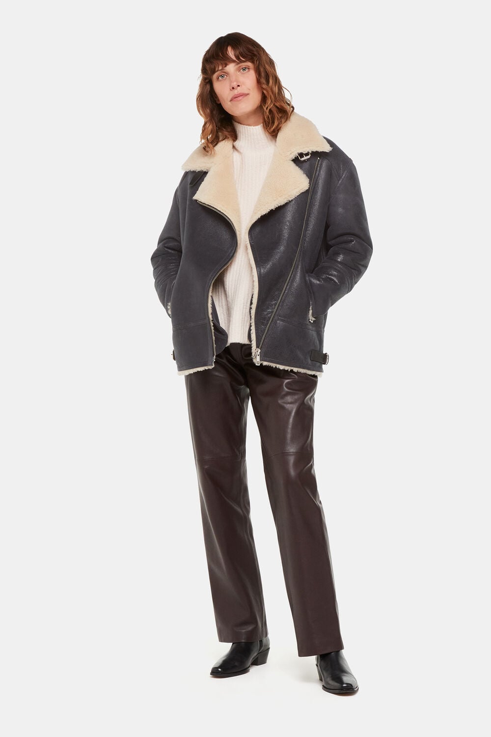 Navy Annika Leather Aviator Jacket
