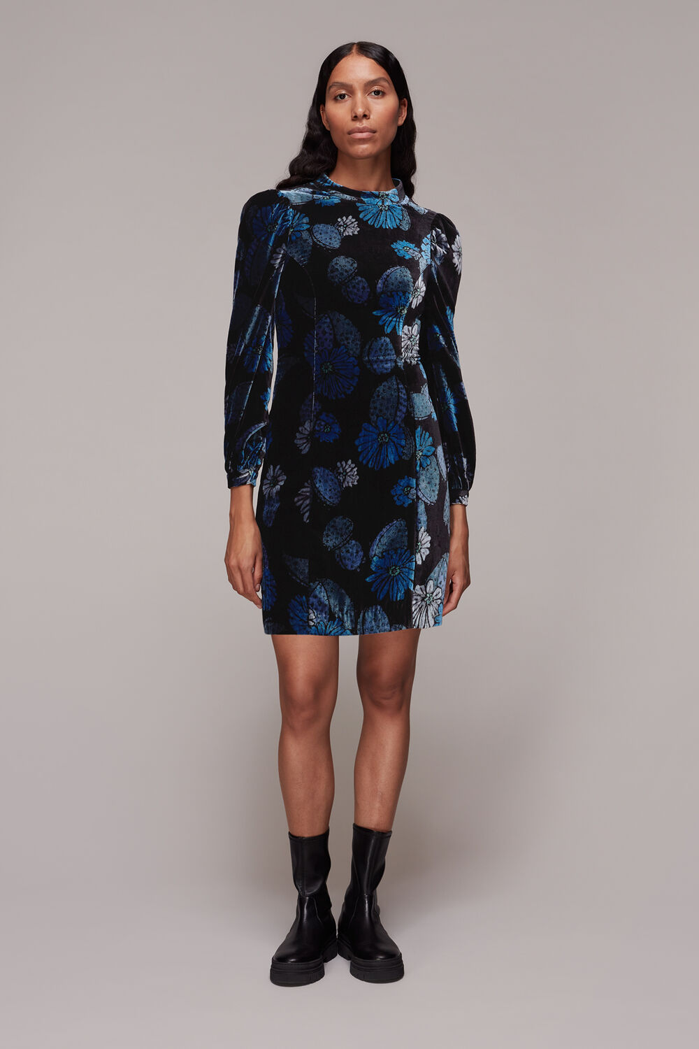 Blue Cactus Print Velvet Dress