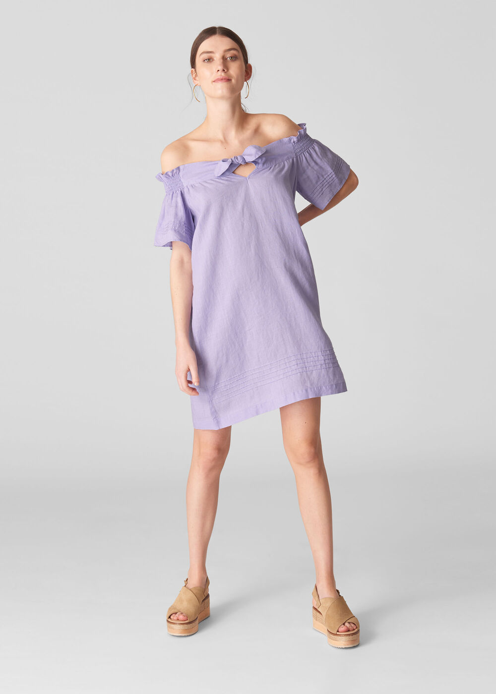Lilac Linen Tie Front Bardot Dress | WHISTLES | Whistles US |