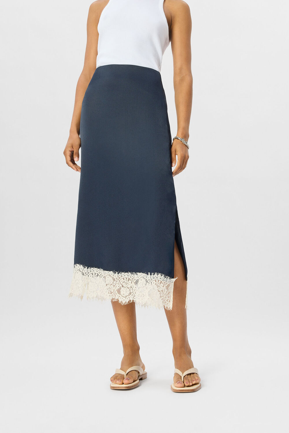 Lace Hem Satin Midi Skirt