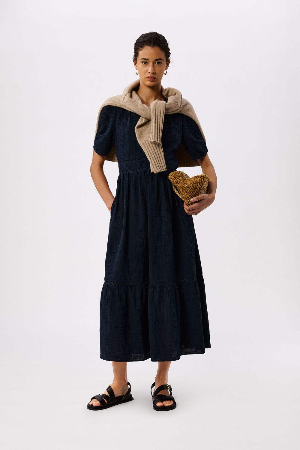Navy V Neck Textured Midi Dress
