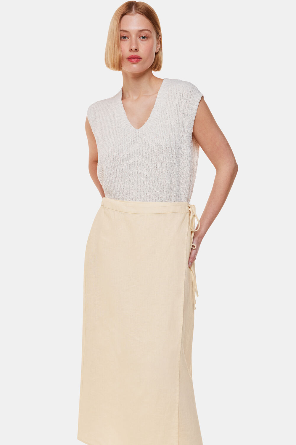 Ivory Linen Wrap Midi Skirt
