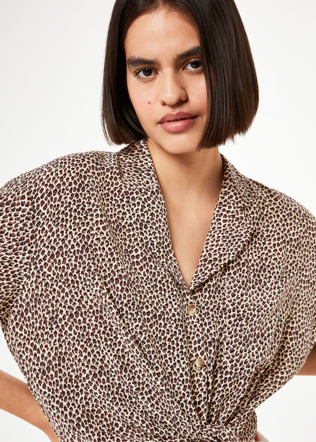 Dashed Leopard Tie Front Top