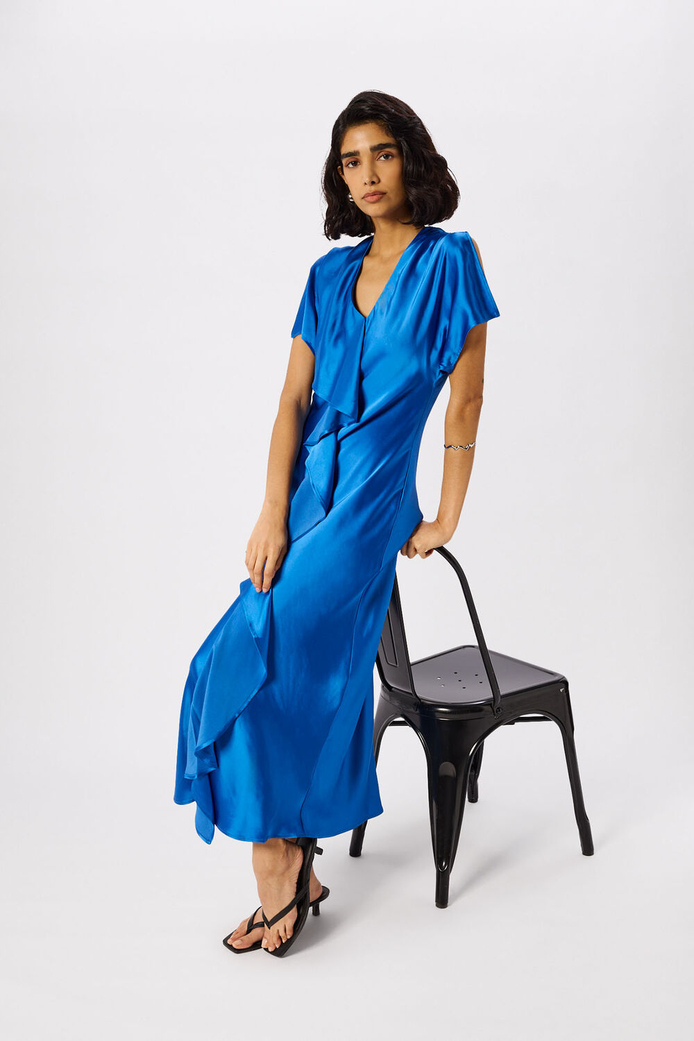 V Neck Ruffle Satin Dress