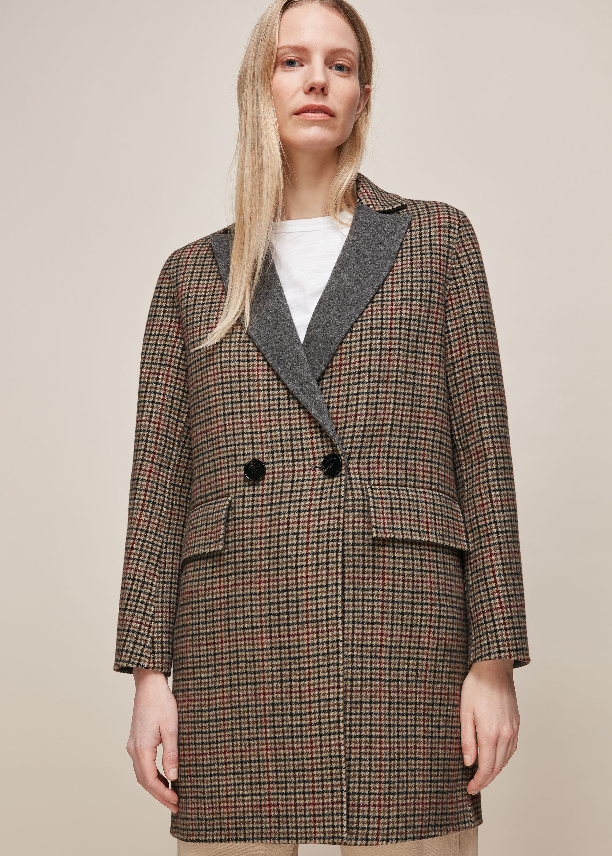 Multicolour Check Double Faced Short Coat | WHISTLES | Whistles UK |