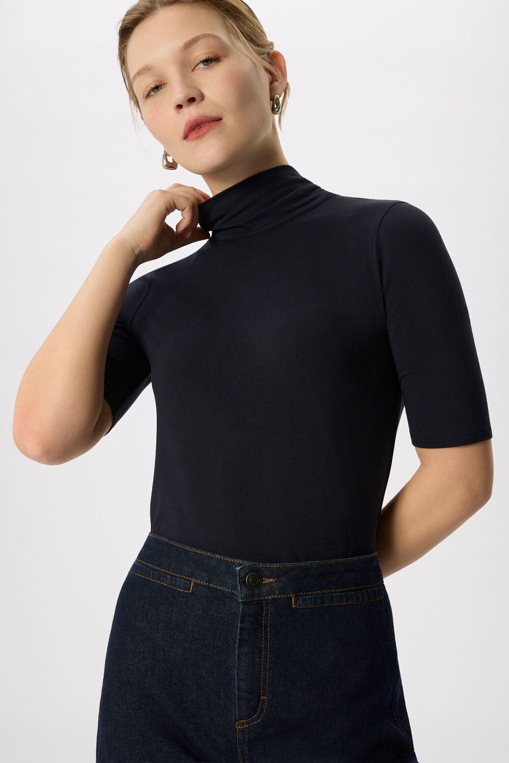 Navy Tie Neck Detail Top