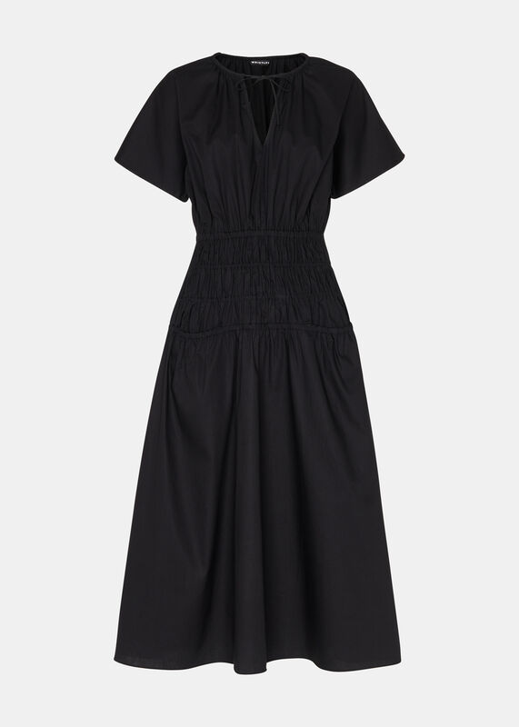 Black Poplin Shirred Dress