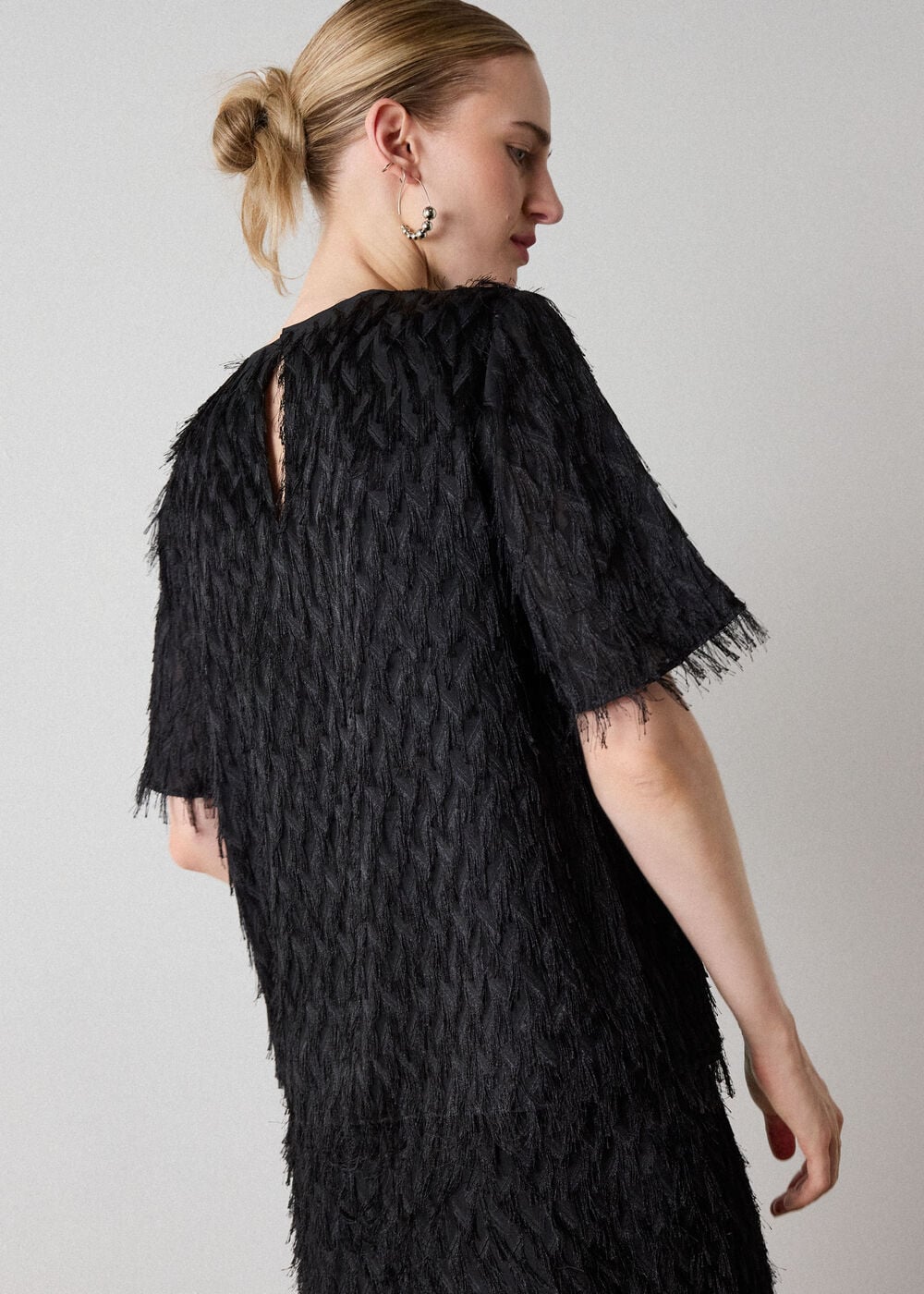 Black Fringe Textured Round Neck Top