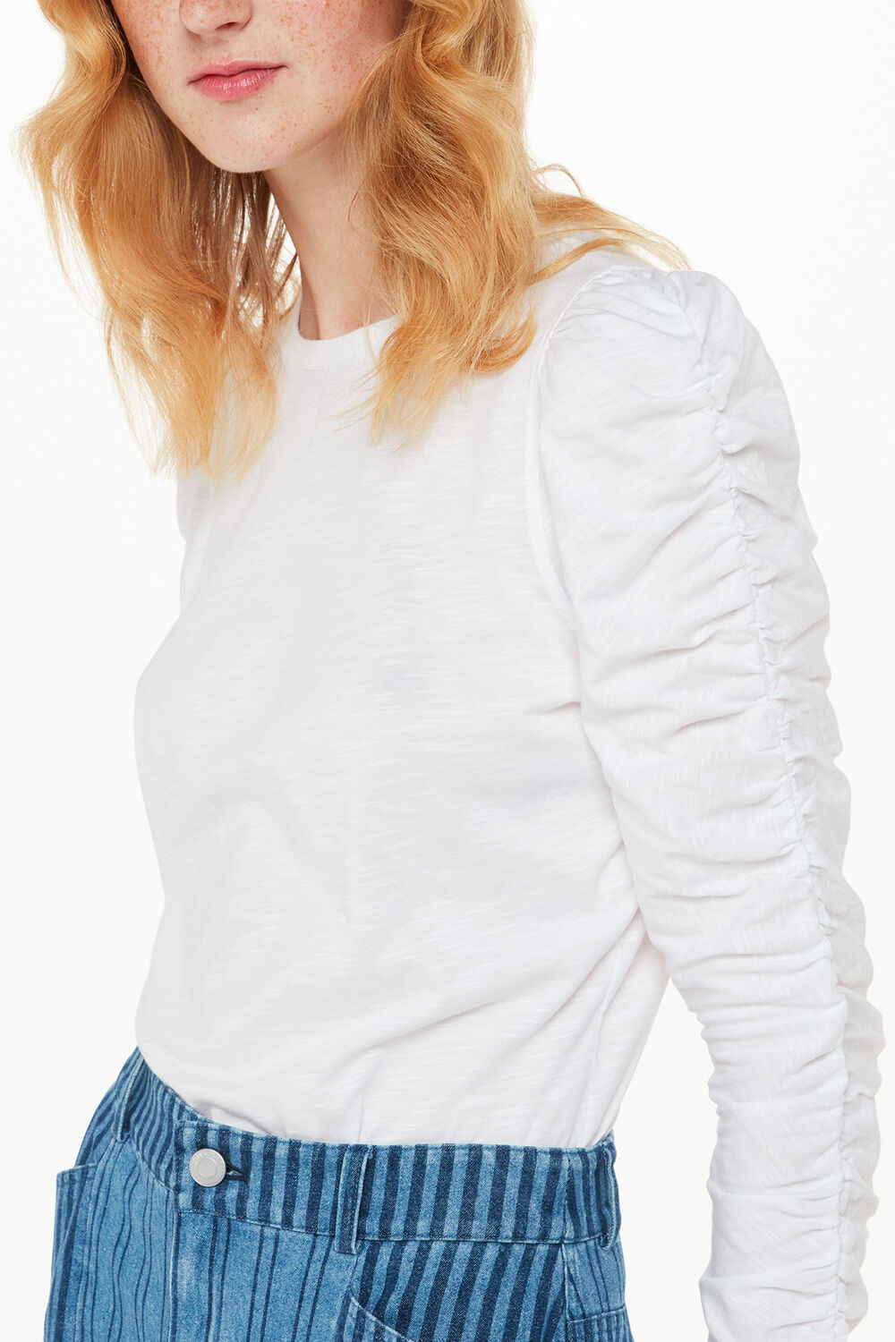 White Ruched Sleeve Top