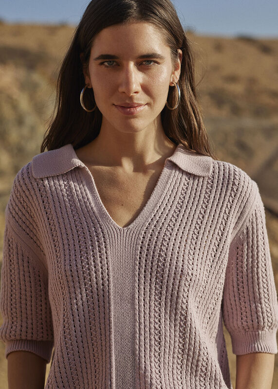 Lilac Pointelle Collar Detail Knit