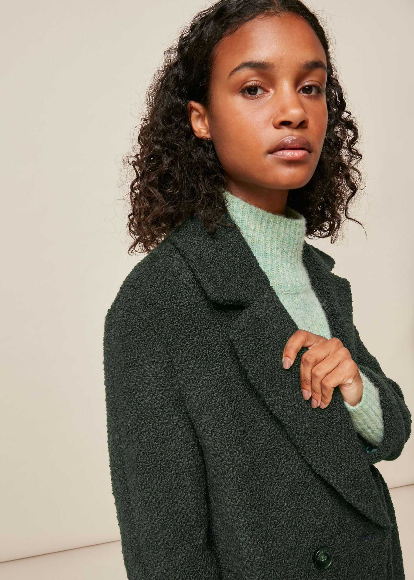 Dark Green Boucle Double Breasted Coat WHISTLES