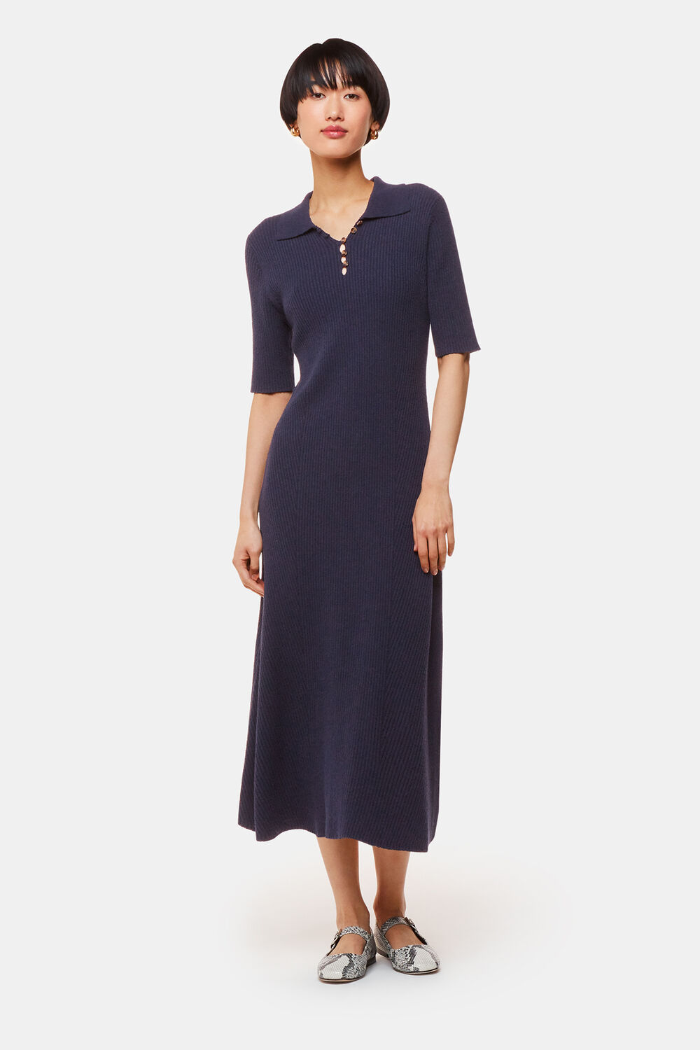 Navy Knitted Ribbed Midi Dress