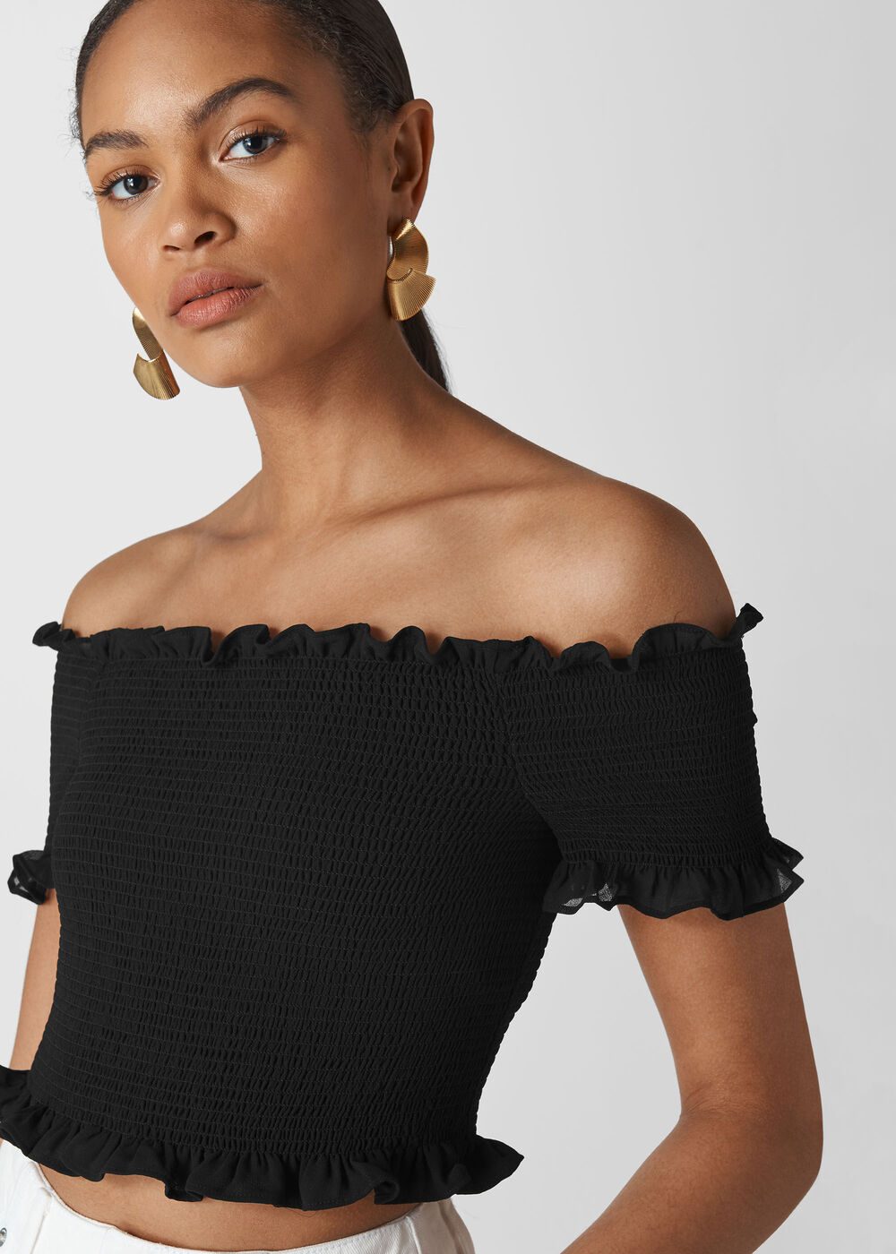 Smocked Bardot Top Black