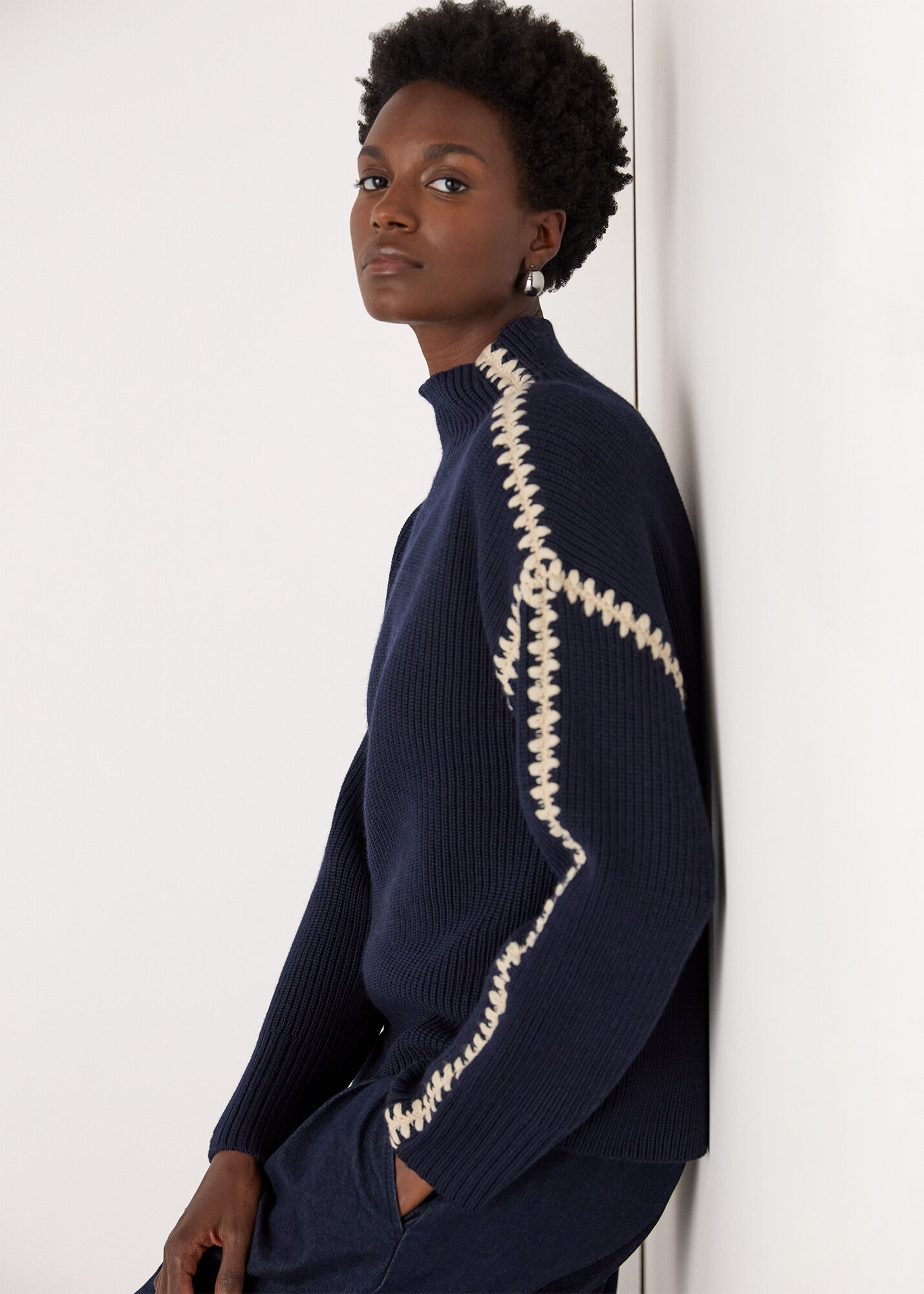 Navy Blanket Stitch Wool Mix Knit | WHISTLES | Whistles US |
